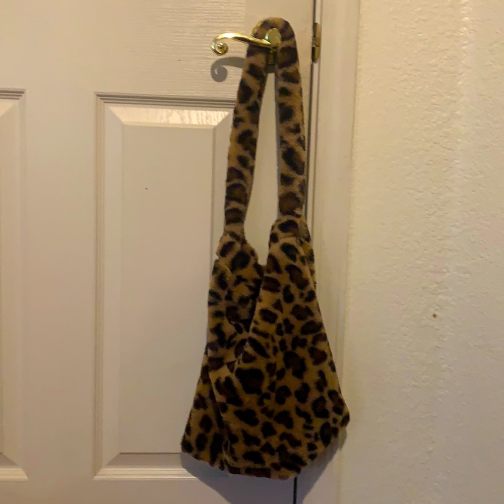 Fuzzy leopard print bag